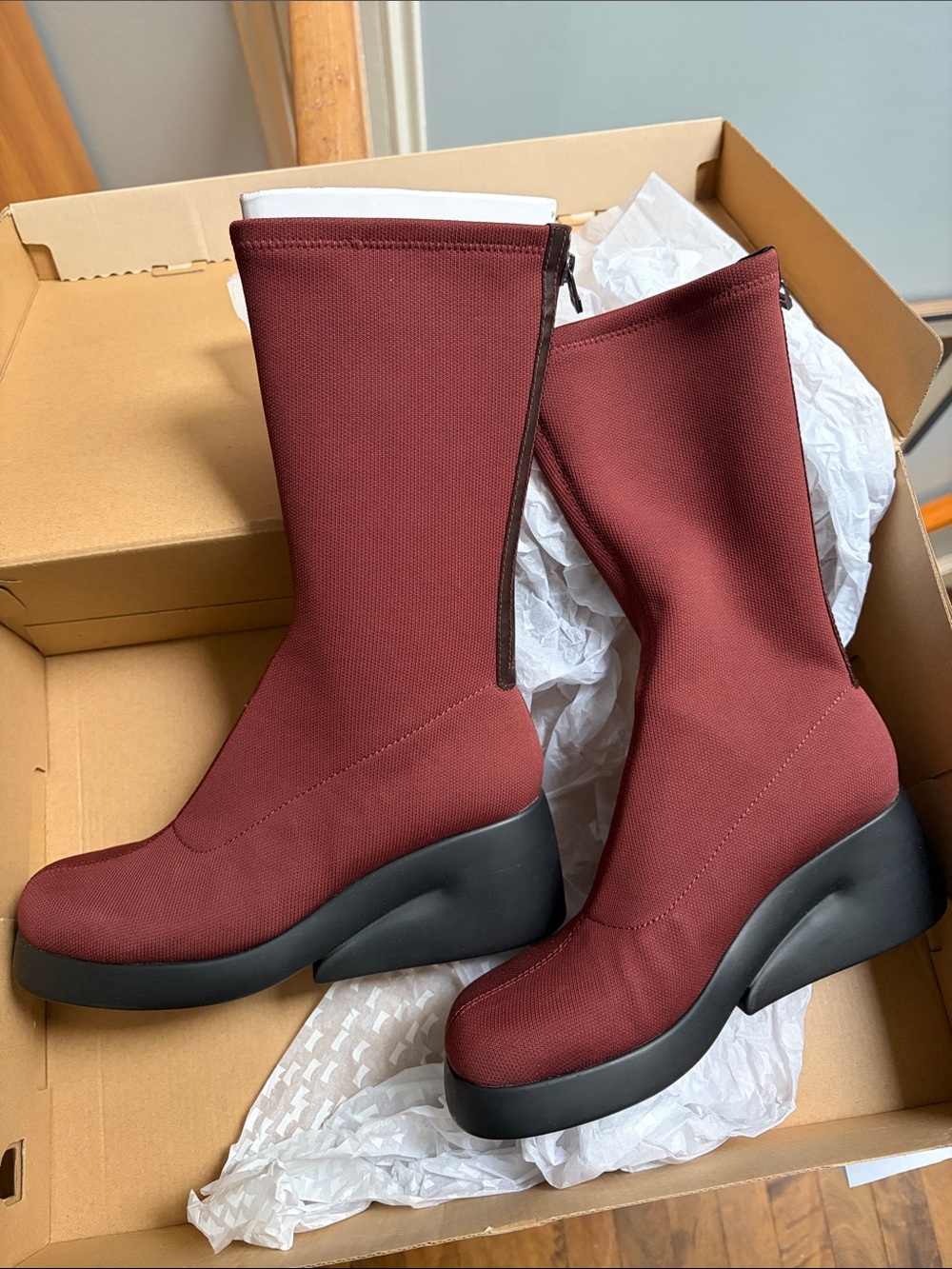 Camper Burgundy Stretch Mid-Calf Platform Boots